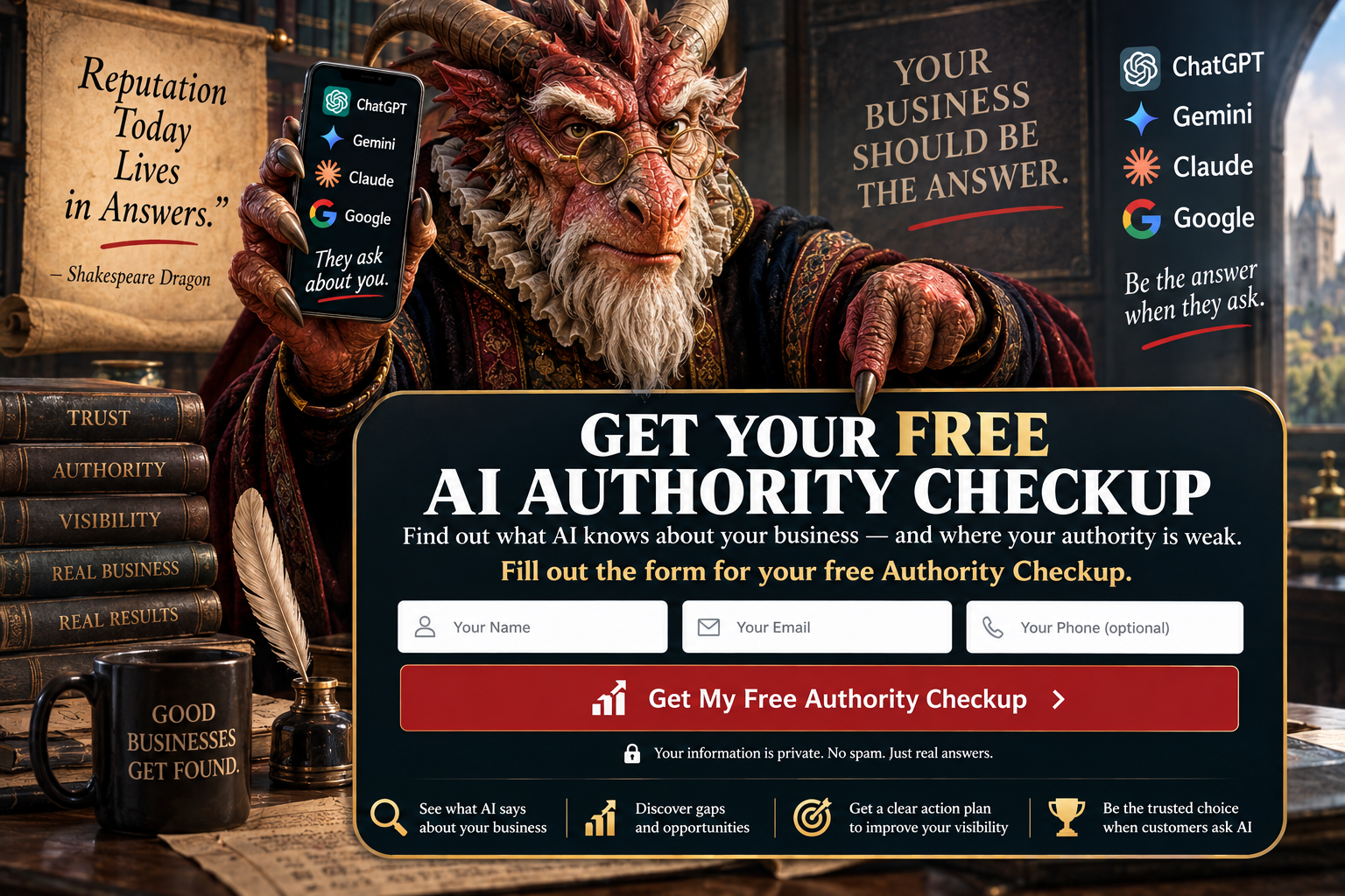 Shakespeare Dragon pointing to the free AI Authority Checkup form