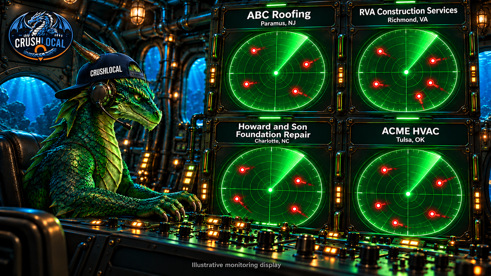CrushLocal dragon in a backward navy cap monitors four client radar screens with red competitor blips inside a submarine command center.